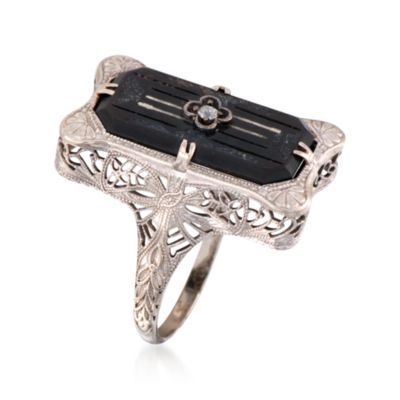 C. 1950 Vintage Black Onyx and Diamond Dinner Ring in 14kt White Gold. Size 6.5 &mdash; Alt Image 3