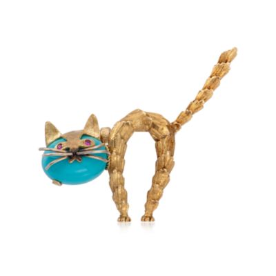 C. 1960 Vintage Cabochon Turquoise and Ruby Cat Pin in 18kt Yellow Gold &mdash; Alt Image 1