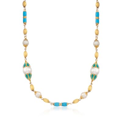 C. 1970 Vintage Cultured Pearl and Multicolored Enamel Necklace in 14kt and 18kt Gold. 30.5" &mdash; Alt Image 1