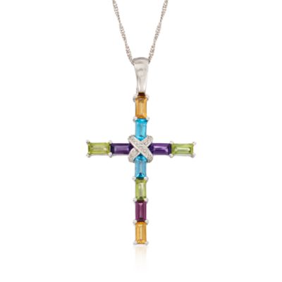 4.20 ct. t.w. Multi-Gem Cross Pendant Necklace With Diamonds in Sterling Silver. 18" &mdash; Alt Image 1