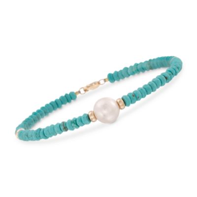 9-10mm Cultured Pearl and Turquoise Bead Bracelet in 14kt Yellow Gold. 7.25" &mdash; Alt Image 1