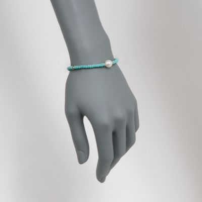 9-10mm Cultured Pearl and Turquoise Bead Bracelet in 14kt Yellow Gold. 7.25" &mdash; Alt Image 2