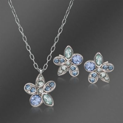 Swarovski Crystal Tuberose Floral Stud Earring and Necklace Set. 14.5" &mdash; Alt Image 1