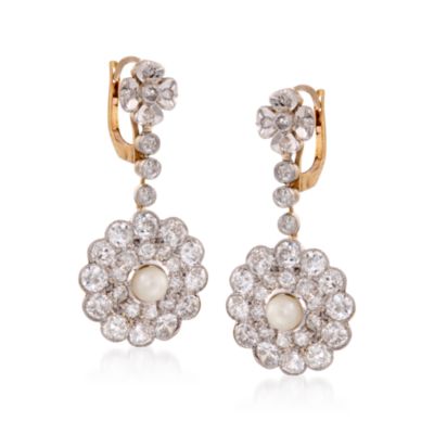 C. 1950 Vintage Cultured Pearl and 3.00 ct. t.w. Diamond Floral Drop Earrings in 18kt Two-Tone Gold &mdash; Alt Image 1