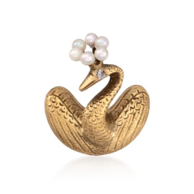 C. 1960 Vintage Cultured Pearl and Diamond Swan Pin in 14kt Yellow Gold &mdash; Alt Image 1