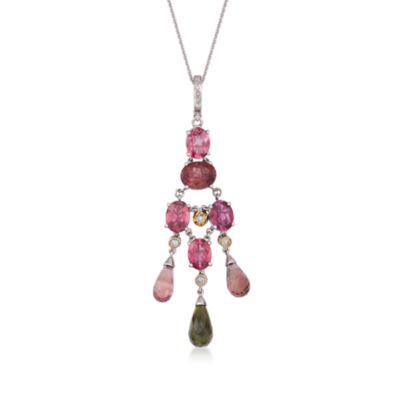 C. 2000 Pink and Green Tourmaline Pendant Necklace With .18 ct. t.w. Diamonds in 14kt White Gold. 16" &mdash; Alt Image 1