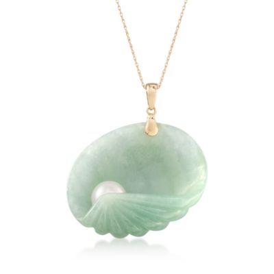 Green Jade Seashell and Cultured Pearl Pendant Necklace in 14kt Yellow Gold &mdash; Alt Image 1