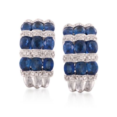 6.29 ct. t.w. Sapphire and .58 ct. t.w. Diamond Hoop Earrings in 18kt White Gold &mdash; Alt Image 1
