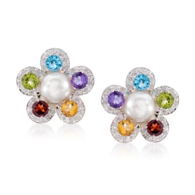 C. 2000 Vintage Cultured Pearl and 3.90 ct. t.w. Multi-Gem and Diamond Floral Earrings in 14kt White Gold &mdash; Alt Image 1