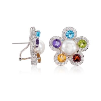 C. 2000 Vintage Cultured Pearl and 3.90 ct. t.w. Multi-Gem and Diamond Floral Earrings in 14kt White Gold &mdash; Alt Image 3