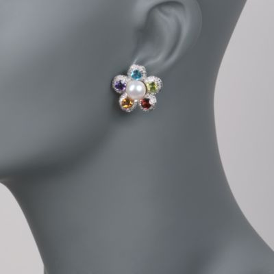 C. 2000 Vintage Cultured Pearl and 3.90 ct. t.w. Multi-Gem and Diamond Floral Earrings in 14kt White Gold &mdash; Alt Image 2