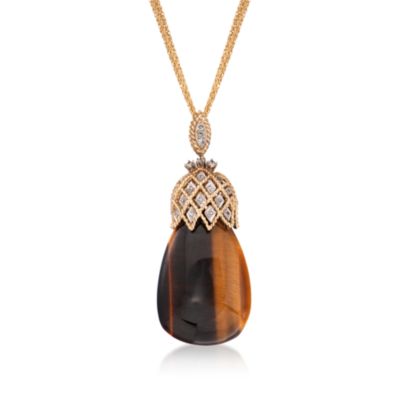 C. 1980 Vintage Tigereye and .30 ct. t.w. Diamond Pendant Necklace in 14kt Yellow Gold. 20" &mdash; Alt Image 1