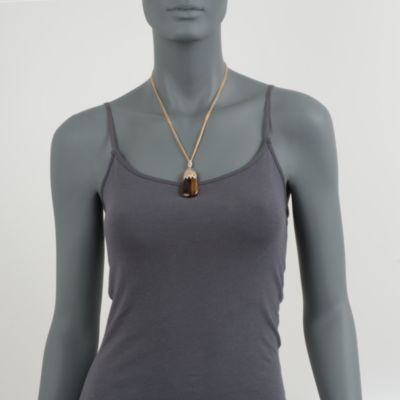 C. 1980 Vintage Tigereye and .30 ct. t.w. Diamond Pendant Necklace in 14kt Yellow Gold. 20" &mdash; Alt Image 2