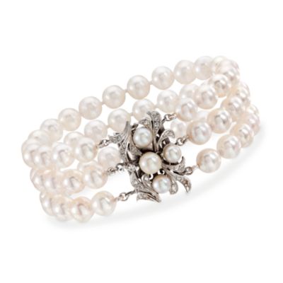 C. 1950 Vintage 5-7mm 3-Row Cultured Pearl Bracelet With Diamond in 14kt White Gold. 7" &mdash; Alt Image 1