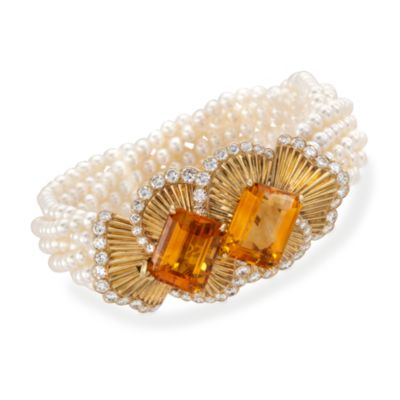 C. 1950 Vintage 25.00 ct. t.w. Citrine and 3.75 ct. t.w. Diamond Multi-Strand Cultured Pearl Bracelet in 18kt Yellow Gold. 8" &mdash; Alt Image 1