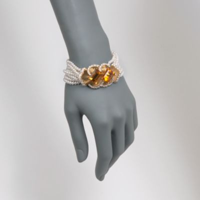 C. 1950 Vintage 25.00 ct. t.w. Citrine and 3.75 ct. t.w. Diamond Multi-Strand Cultured Pearl Bracelet in 18kt Yellow Gold. 8" &mdash; Alt Image 2