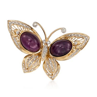 C. 1980 Vintage Cabochon Ruby and 1.00 ct. t.w. Diamond Butterfly Pin in 14kt Yellow Gold &mdash; Alt Image 1