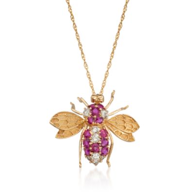 C. 1990 Vintage 2.00 ct. t.w. Ruby and .75 ct. t.w. Diamond Bee Pendant Necklace in 14kt Yellow Gold. 20" &mdash; Alt Image 1