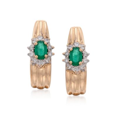 C. 1980 Vintage .80 ct. t.w. Emerald and .40 ct. t.w. Diamond "J" Hoop Earrings in 14kt Yellow Gold  &mdash; Alt Image 1