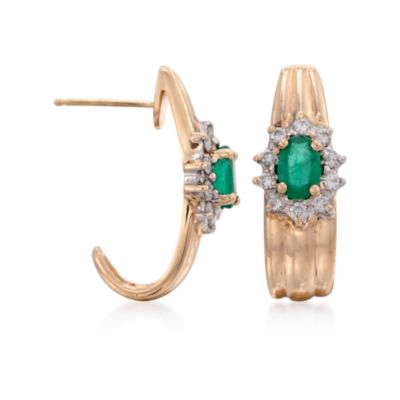 C. 1980 Vintage .80 ct. t.w. Emerald and .40 ct. t.w. Diamond "J" Hoop Earrings in 14kt Yellow Gold  &mdash; Alt Image 3