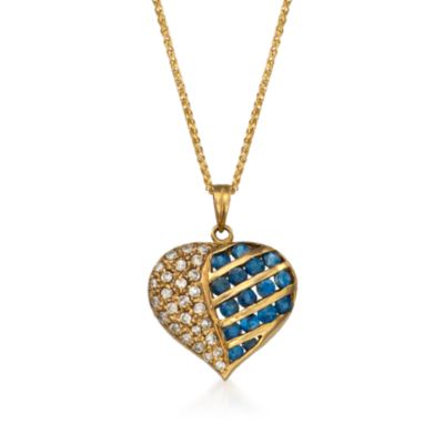C. 1980 Vintage .75 ct. t.w. Sapphire and .25 ct. t.w. Diamond Heart Pendant Necklace in 14kt Yellow Gold. 18" &mdash; Alt Image 1