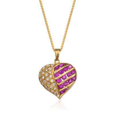 C. 1980 Vintage .75 ct. t.w. Ruby and .25 ct. t.w. Diamond Heart Pendant Necklace in 14kt Yellow Gold. 18" &mdash; Alt Image 1