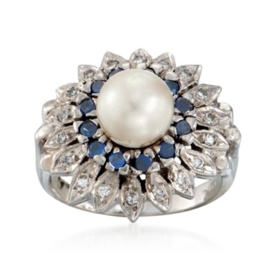 C. 1970 Vintage Cultured Pearl and .45 ct. t.w. Sapphire Flower Ring With Diamonds in 14kt White Gold. Size 7 &mdash; Alt Image 1