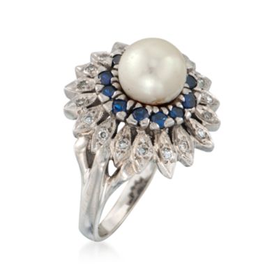 C. 1970 Vintage Cultured Pearl and .45 ct. t.w. Sapphire Flower Ring With Diamonds in 14kt White Gold. Size 7 &mdash; Alt Image 3
