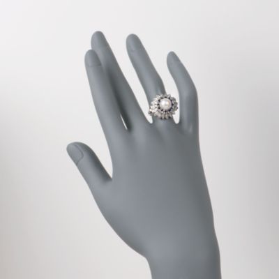 C. 1970 Vintage Cultured Pearl and .45 ct. t.w. Sapphire Flower Ring With Diamonds in 14kt White Gold. Size 7 &mdash; Alt Image 2