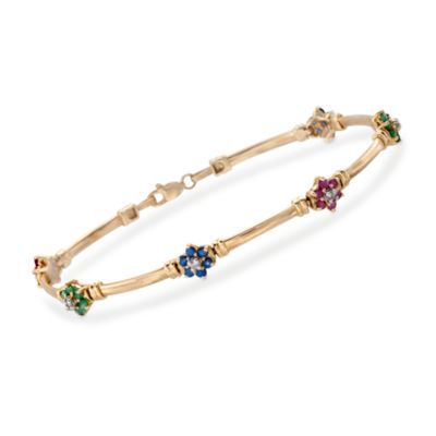 C. 1990 Vintage 1.60 ct. t.w. Multi-Gem Floral Bracelet With Diamonds in 14kt Yellow Gold. 8" &mdash; Alt Image 1