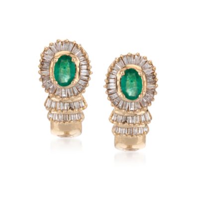 C. 1980 Vintage .75 ct. t.w. Emerald and 1.50 ct. t.w. Diamond Earrings in 14kt Yellow Gold &mdash; Alt Image 1