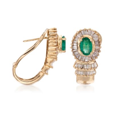 C. 1980 Vintage .75 ct. t.w. Emerald and 1.50 ct. t.w. Diamond Earrings in 14kt Yellow Gold &mdash; Alt Image 3