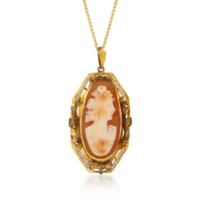C. 1960 Vintage Carved Shell Cameo Pendant Necklace With Cultured Pearls in 10kt Yellow Gold. 18" &mdash; Alt Image 1