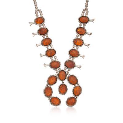 C. 1990 Vintage Eugene Belone "Squash Blossom" Amber Necklace in Sterling Silver. 25" &mdash; Alt Image 1