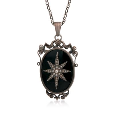 C. 1980 Vintage Black Onyx and Cultured Pearl Pin Pendant Necklace in Sterling Silver &mdash; Alt Image 1