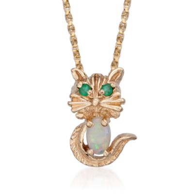 C. 1970 Vintage Opal and Emerald Cat Pendant Necklace in 14kt Yellow Gold. 16" &mdash; Alt Image 1