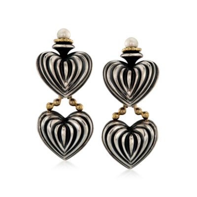 C. 2000 Vintage Cultured Pearl and Double Heart Day to Night Drop Earrings in Two-Tone &mdash; Alt Image 1