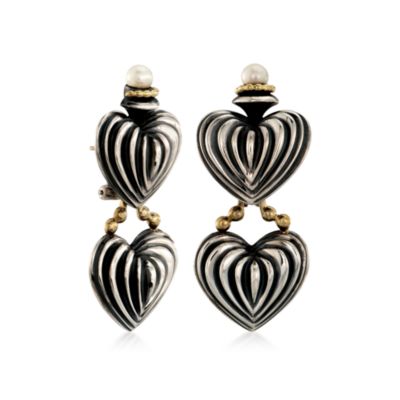 C. 2000 Vintage Cultured Pearl and Double Heart Day to Night Drop Earrings in Two-Tone &mdash; Alt Image 3