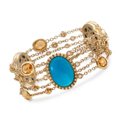 Turquoise and 180.00 ct. t.w. Citrine Chain Bracelet With Diamonds in 18kt Yellow Gold. 7" &mdash; Alt Image 1