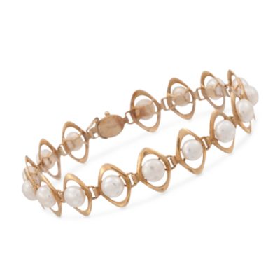 C. 1970 Vintage 6mm Cultured Pearl Bracelet in 14kt Yellow Gold. 7.5" &mdash; Alt Image 1