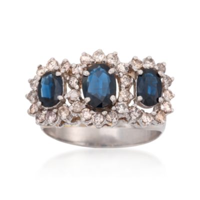 C. 1970 Vintage 1.60 ct. t.w. 3-Stone Sapphire and .80 ct. t.w. Diamond Ring in 14kt White Gold. Size 7.5 &mdash; Alt Image 1