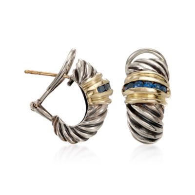 C. 2000 Vintage David Yurman .85 ct. t.w. Sapphire "J" Hoop Earrings in Two-Tone &mdash; Alt Image 3