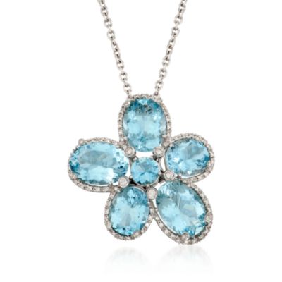 21.10 ct. t.w. Aquamarine and .57 ct. t.w. Diamond Floral Pin Pendant Necklace in 18kt White Gold. 16" &mdash; Alt Image 1