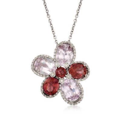 29.10 ct. t.w. Kunzite and Pink Tourmaline Floral Pin Pendant Necklace With Diamonds in 18kt White Gold. 16" &mdash; Alt Image 1