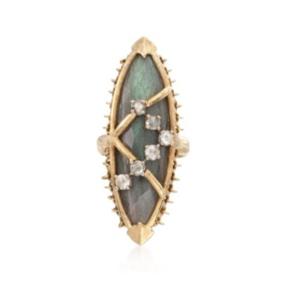 C. 1950 Vintage Marquise Labradorite and .65 ct. t.w. Diamond Ring in 18kt Yellow Gold. Size 6.25 &mdash; Alt Image 1