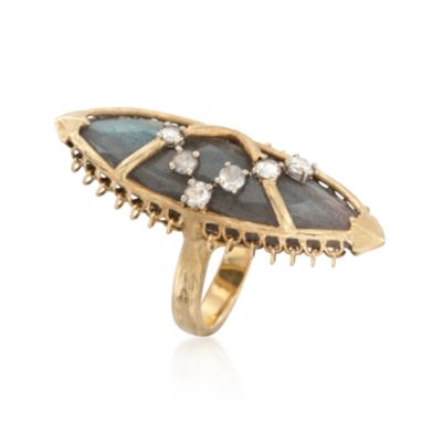 C. 1950 Vintage Marquise Labradorite and .65 ct. t.w. Diamond Ring in 18kt Yellow Gold. Size 6.25 &mdash; Alt Image 3