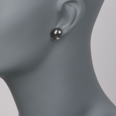 11mm Black Cultured Pearl and .10 ct. t.w. Diamond Stud Earrings in 14kt White Gold &mdash; Alt Image 2