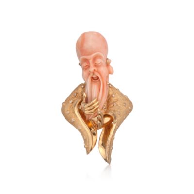 C. 1980 Vintage Carved Coral and .25 ct. t.w. Diamond Confucius Pin in 14kt Yellow Gold &mdash; Alt Image 1