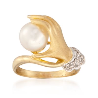C. 1980 Vintage Cultured Pearl and Diamond Arm Ring in 14kt Yellow Gold. Size 3 &mdash; Alt Image 1