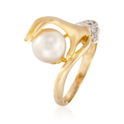 C. 1980 Vintage Cultured Pearl and Diamond Arm Ring in 14kt Yellow Gold. Size 3 &mdash; Alt Image 3